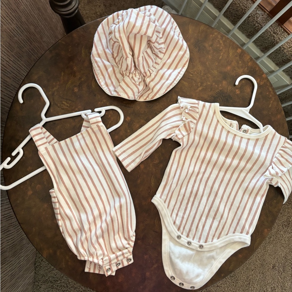 Pehr Striped Pink & White Baby One-Piece Bodysuit Set with Sun Hat